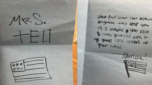 Mairiah Teli, a Muslim teacher at Dacula High, said she was left a note Friday telling her her headscarf is no longer allowed and she should hang herself with it. She sees the note as a result of Donald Trump's win of the presidential election. (Credit: Mairah Teli)
