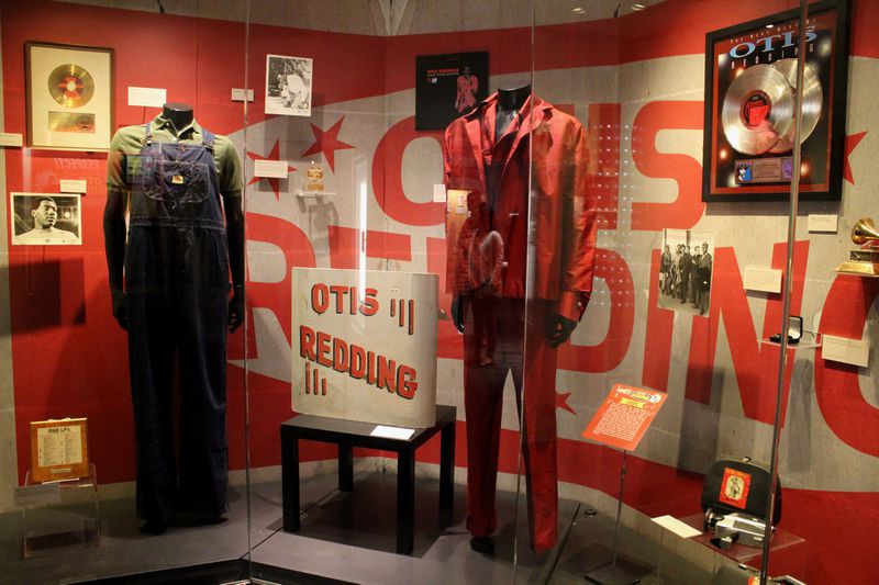 Otis Redding’s famous red suit from his 1967 tour of Europe and the overalls from a music video. At the Grammy Museum exhibit detailing Redding’s life. Photo: Melissa Ruggieri/AJC