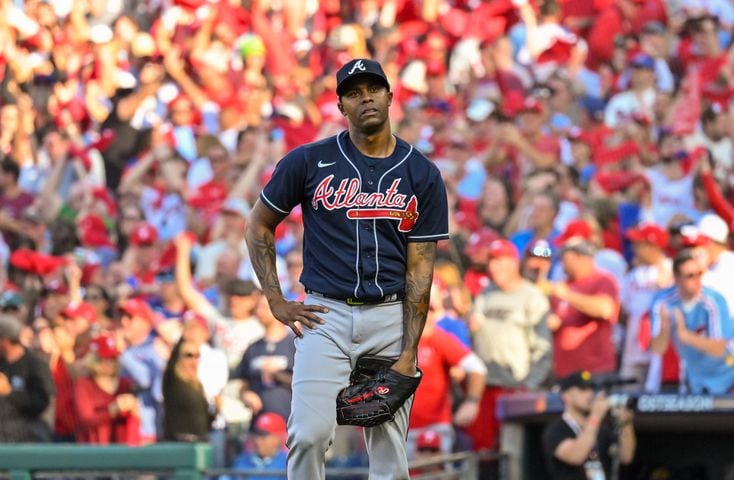 Braves reliever Raisel Iglesias reacts during the sixth inning  Saturday in Game 4 of the NLDS against the host Phillies. (Hyosub Shin / Hyosub.Shin@ajc.com)