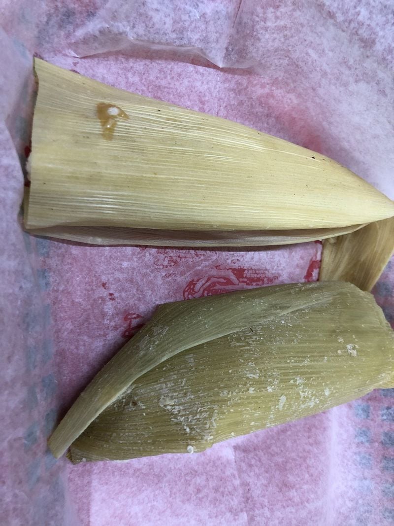 A pair of tamales (cheese and jalapeno, top; sweet corn, bottom) at Don Burrito are beautiful in their unwrapped simplicity. CONTRIBUTED BY WENDELL BROCK