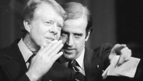 Former President Jimmy Carter, left, and President Joe Biden have had a long and fruitful relationship. Biden will visit Carter during a swing through Georgia on Thursday to mark the first 100 days of his term in the White House.