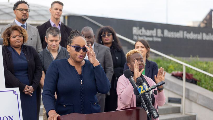 Allegra Lawrence-Hardy, an attorney for Fair Fight Action, speaks outside the Richard B. Russell Federal Building in Atlanta, GA., on Monday, April 11, 2022. Today marked the first day of the long awaited Fair Fight Action v. Raffensperger trial. (Photo/Jenn Finch)