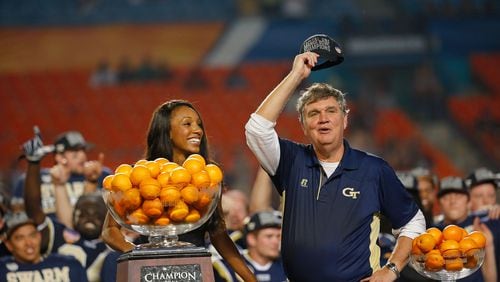 Paul Johnson celebrates Georgia Tech's Orange Bowl victory to close the 2014 season. Not bad considering the media picked him to finish fifth in his conference that season. (Chris Trotman/Getty Images)