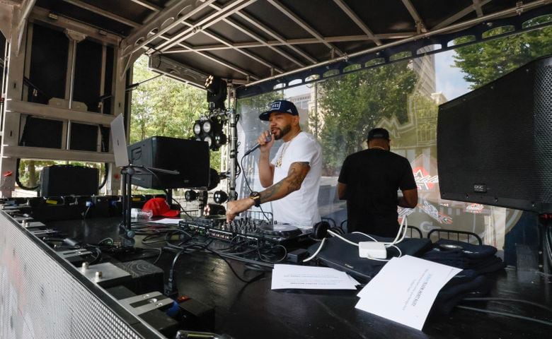 DJ Envy held the first pregame concert at Georgia Tech’s new "Helluva Block Party".  North Avenue was closed before the football game vs South Carolina State for the event in Atlanta on Saturday, September 9, 2023.   (Bob Andres for the Atlanta Journal Constitution)