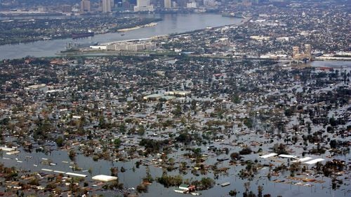 Floodwaters from Hurricane Katrina cover a portion of New Orleans on Aug. 30, 2005. Harvey's rains threaten similarly epic floods in Texas.
