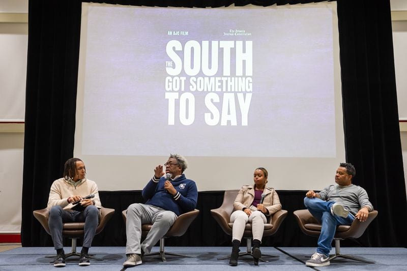 From left, Morehouse College student and AJC intern Auzzy Byrdsell, senior reporter Ernie Suggs, AJC culture reporter DeAsia Paige and AJC senior editor Mike Jordan participate in a panel discussion following a screening of the AJC's hip-hop documentary "The South Got Something to Say" at the Atlanta University Center Robert W. Woodruff Library on Thursday, Nov. 30, 2023. 
Bita Honarvar for The Atlanta Journal-Constitution