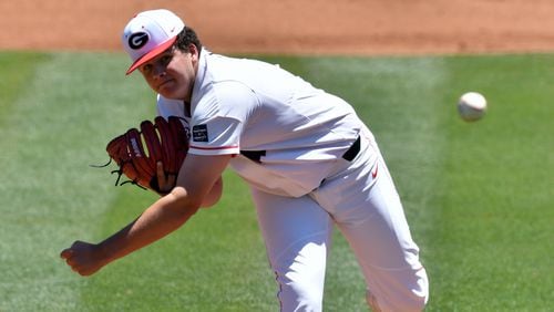 Georgia freshman Liam Sullivan, here pitching against Auburn at Foley Field on May 1, 2021, will get his first career start on the road against No. 1 Arkansas on Friday night. (Photo by Rob Davis/UGA Athletics)