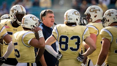 Georgia Tech head coach Paul Johnson talks to his players during the first half of the TaxSlayer Bowl NCAA college football game against Kentucky, Saturday, Dec. 31, 2016, in Jacksonville, Fla. (AP Photo/Stephen B. Morton)