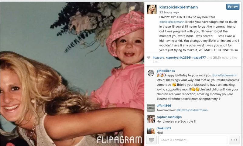 Bravo reality personality Kim Zolciak posted this flashback photo to celebrate daughter Brielle's 18th birthday.