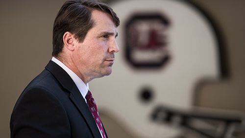 New South Carolina NCAA college head football coach Will Muschamp stands in the tunnel at Williams Brice Stadium Monday, Dec. 7, 2015, in Columbia, S.C. Muschamp was officially introduced today as the new coach of the Gamecocks. (AP Photo/Sean Rayford)