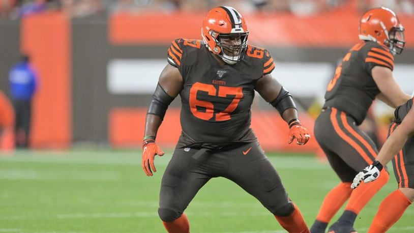 Cleveland Browns guard Justin McCray (67) lines up during a game against the Los Angeles Rams at FirstEnergy Stadium in Cleveland on Sunday, September 22, 2019.
David Richard/AP