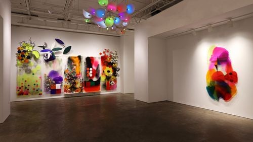 An installation image showing the title work (rear wall) of Judy Pfaff's exhibition at Johnson Lowe Gallery, "A Walk in the Park" (2023).