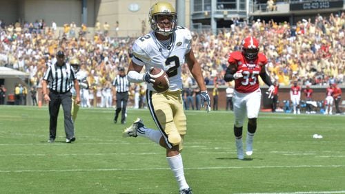 Georgia Tech wide receiver Ricky Jeune (2) scores a touchdown after he made a touchdown catch in the second half of the Georgia Tech home opener at Bobby Dodd Stadium on Saturday, September 9, 2017. Georgia Tech won 37-10 over the Jacksonville State. HYOSUB SHIN / HSHIN@AJC.COM