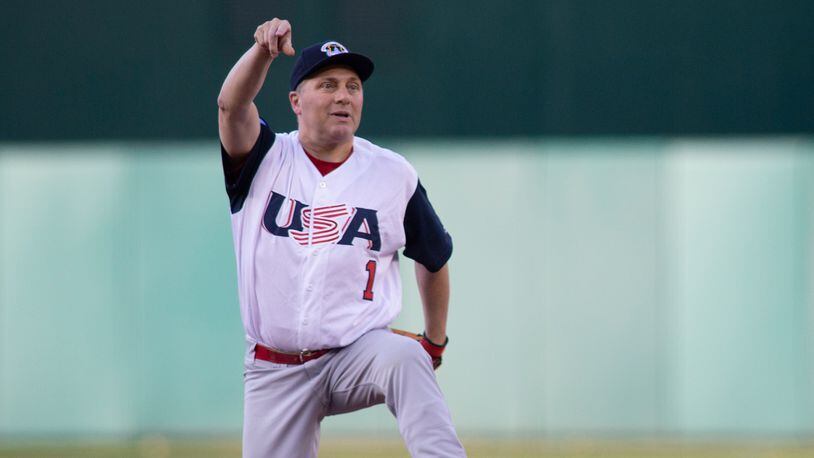 Rep Steve Scalise (R-LA) makes a play to first base resulting in an out after fielding a ground ball on the first pitch of the Congressional Baseball Game on June 14, 2018 in Washington, DC. Scalise was shot during a team practice before the 2017 game.