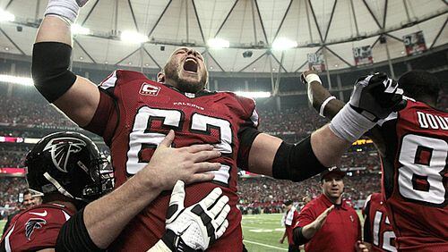 011313 ATLANTA : Falcons veteran center Todd McClure lets out a victory yell on the sidelines following kicker Matt Bryant's game winning field goal for a 30-28 victory over the Seahawks in their NFL divisional playoff game at the Georgia Dome in Atlanta on Sunday, Jan. 13, 2013. CURTIS COMPTON / CCOMPTON@AJC.COM
