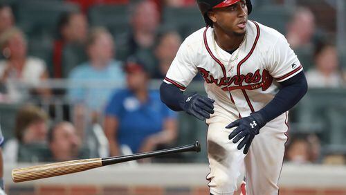 Atlanta Braves Ozzie Albies hits a two-run homer, his second home run of the game, for a 9-5 lead over the Toronto Blue Jays during the eighth inning in a MLB baseball game on Wednesday, July 11, 2018, in Atlanta.     Curtis Compton/ccompton@ajc.com
