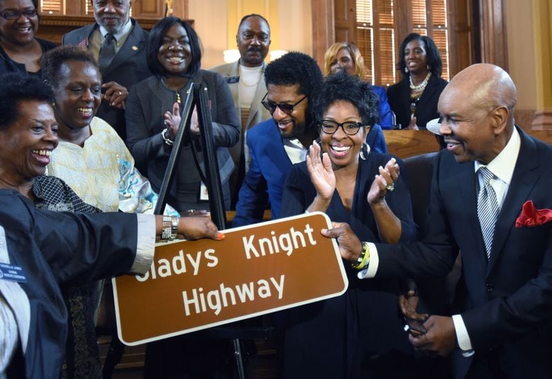 Grammy Award-winner Gladys Knight greeted guests before the highway dedication ceremony honoring Gladys Knight at the Georgia State Capitol on Tuesday, June 9, 2015. The state Senate unanimously passed a proposal to name State Route 9 from Peachtree Street to 14th Street after the Atlanta-born superstar, who has never before anything named after her in her home state. HYOSUB SHIN / HSHIN@AJC.COM
