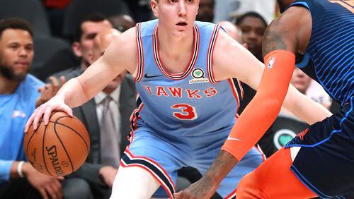 Hawks Kevin Huerter goes to work against Oklahoma City earlier this year. (Curtis Compton/ccompton@ajc.com)