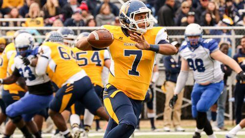 Reinhardt quarterback Ryan Thompson looks to throw in the second quarter as the No. 3 Reinhardt Eagles lost to No. 4 St. Francis 42-24 in an NAIA national semifinals game at Ken White Field on Saturday, Dec. 3, 2016. (Greg Spell/G-RoxPhotos.com)