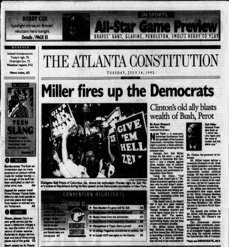 Front page from The Atlanta Constitution, Tuesday July 14, 1992. (AJC archives)