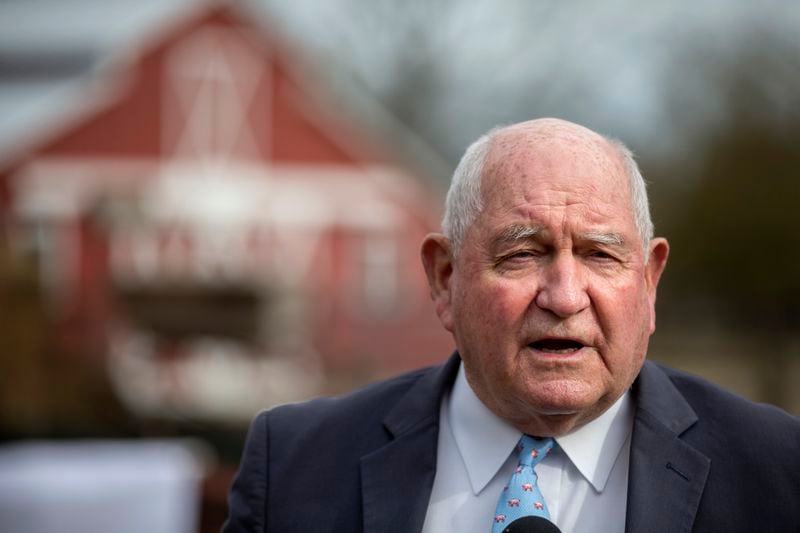 CLAXTON, GA - JANUARY 7, 2021: U.S. Secretary of Agriculture Sonny Perdue speaks at an event at the Spring Hollow Farm in Claxton, Ga. about bringing high speed internet to two rural Georgia counties. (AJC Photo/Stephen B. Morton)