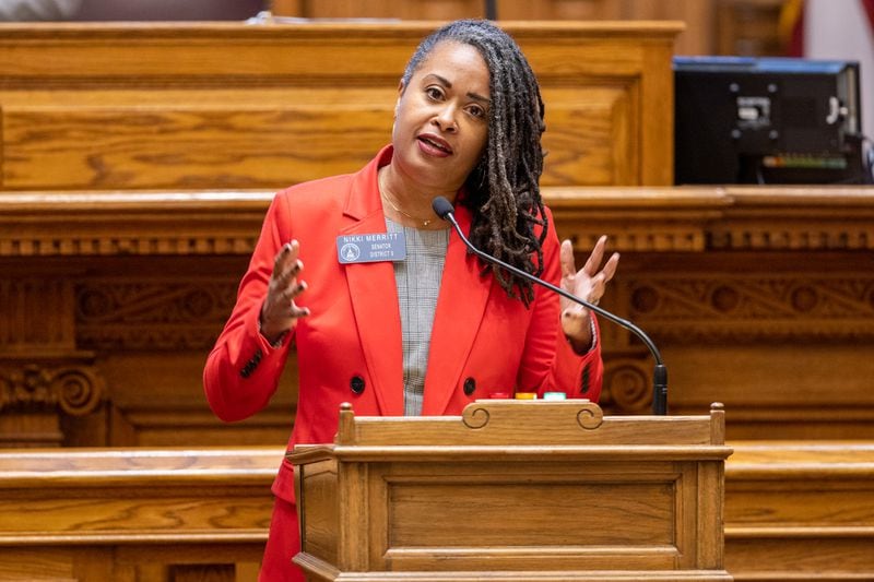 Georgia State Sen. Nikki Merritt speaks during the legislative session at the Capitol in Atlanta on Thursday, January 26, 2023. (Arvin Temkar / arvin.temkar@ajc.com)