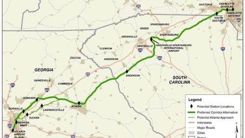 A proposed high-speed rail from Atlanta to Charlotte, North Carolina, is one of three Georgia projects that will receive $500,000 in planning money from the Biden administration. But no timetable has been identified for construction. (Courtesy of Georgia Department of Transportation)