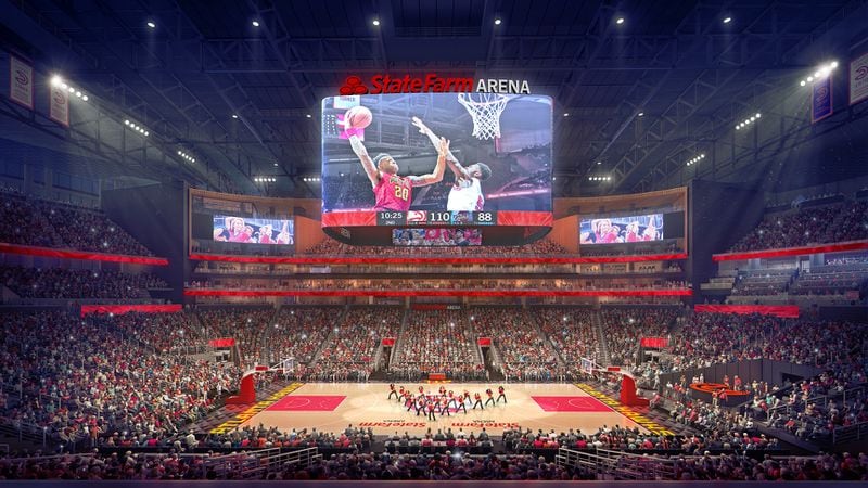 A rendering of State Farm Arena, showing the new center-hung video board (note the additional screen inside the bottom of the board for viewing from courtside seats) as well as two of the new corner video boards.
