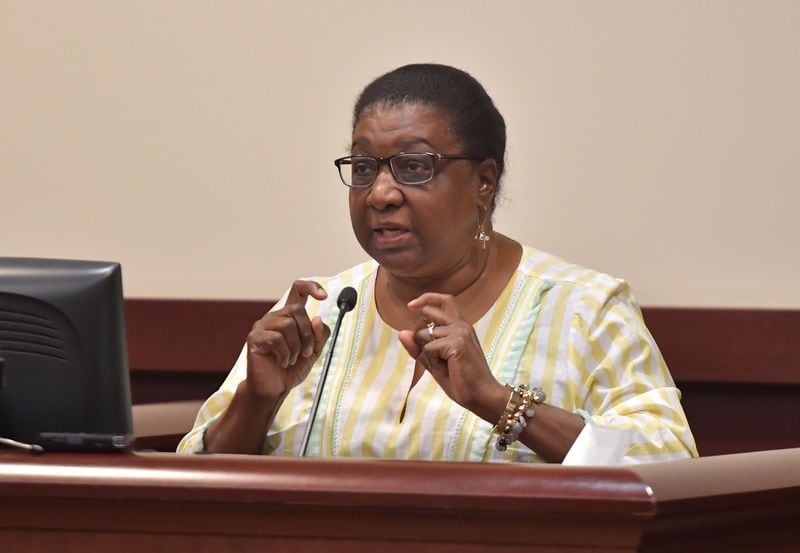 Mary Morrison, chairwoman of the recall effort, testifies on witness stand during a hearing of Hoschton Mayor Theresa Kenerly at Jackson County Magistrate Court on Wednesday, Oct. 2, 2019. Kenerly and Councilman James Cleveland contested a recall effort aimed at removing them from office. They have been under fire since an AJC investigation revealed a candidate for city administrator was sidelined because of his race. Judge David Sweat ruled the recalls can proceed. HYOSUB SHIN / HYOSUB.SHIN@AJC.COM