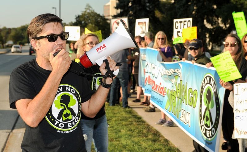 Protest organizer Sri Rao of Willowbrook speaks during a protest in front of the Oak Brook headquarters of Sterigenics Friday, Sept. 14, 2018 in Oak Brook, IL. (Mark Black/For the AJC)