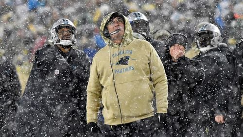 Coach Ron Rivera of the Carolina Panthers watches the video replay against the Green Bay Packers at Lambeau Field on November 10, 2019 in Green Bay, Wisconsin. (Photo by Quinn Harris/Getty Images)