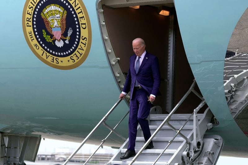 President Joe Biden arrives at Tampa International Airport, in Tampa, Fla., Tuesday, April 23, 2024. (AP Photo/Manuel Balce Ceneta)