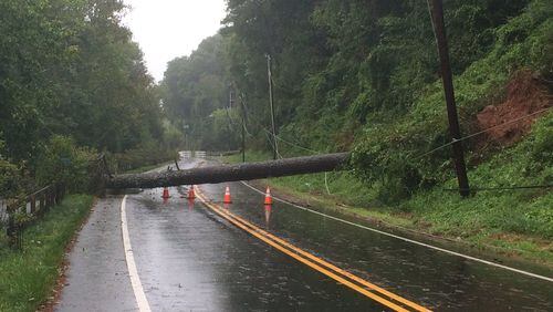 Downed trees blocked roads and highways all over Georgia Tuesday.