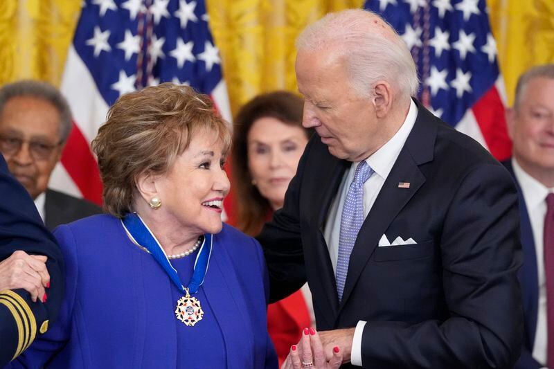 President Joe Biden awards the nation's highest civilian honor, the Presidential Medal of Freedom, to former Sen. Elizabeth Dole during a ceremony in the East Room of the White House, Friday, May 3, 2024, in Washington. (AP Photo/Alex Brandon)