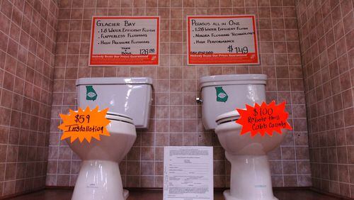 A Home Depot low-flow toilet display at the store in Vinings on Nov. 8, 2007. (FRANK NIEMEIR/Staff)