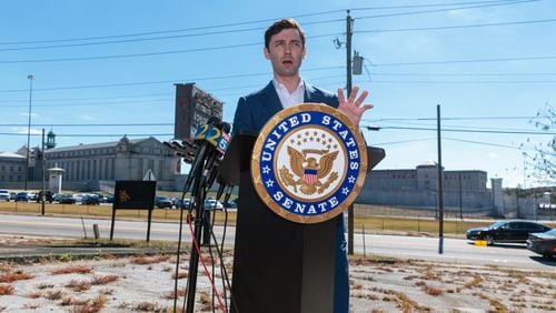 U.S. Sen. Jon Ossoff speaks Wednesday after an inspection of the Atlanta Federal Penitentiary. In September Ossoff introduced legislation to overhaul federal prison oversight, following an investigation into the prison. (Arvin Temkar / arvin.temkar@ajc.com)