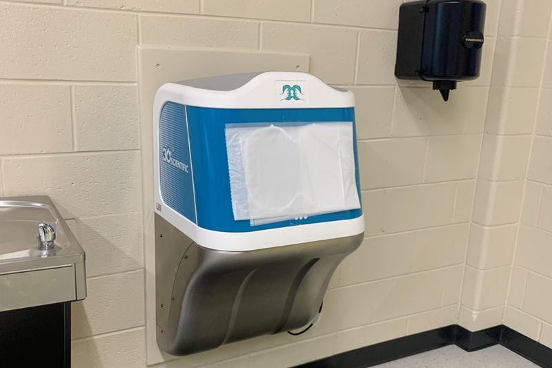 The Iggy hand-rinsing stations installed in Cobb schools have stopped working or malfunctioned more than 100 times since their rollout began in 2020, district records show. The one pictured here at an unknown school is covered so no one can use it.