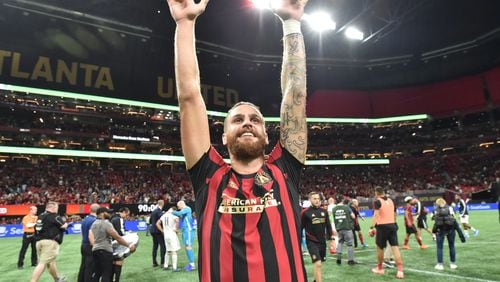 October 24, 2019 Atlanta - Atlanta United defender Leandro Gonzalez (5) celebrates their victory over the Philadelphia Union during Eastern Conference semifinals of MLS playoffs at Mercedes-Benz Stadium on Thursday, October 24, 2019. Atlanta United won 2-0 over the Philadelphia Union. (Hyosub Shin / Hyosub.Shin@ajc.com)