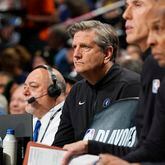 Minnesota Timberwolves head coach Chris Finch, center, looks on from the bench in the first half of an Game 1 of an NBA basketball second-round playoff series against the Denver Nuggets, Saturday, May 4, 2024, in Denver. (AP Photo/David Zalubowski)