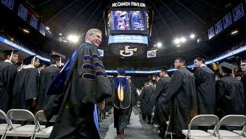 Georgia Tech President Bud Peterson walks during the Bachelor’s morning ceremony of Spring 2014 Commencement at the McCamish Pavilion Saturday morning May 3, 2014 in Atlanta, Ga. (Photo/Jason Getz)