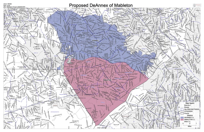 This map shows the area state Rep. David Wilkerson proposed for lawmakers to consider removing from the city of Mableton. The map is expected to change as lawmakers debate which areas to de-annex.