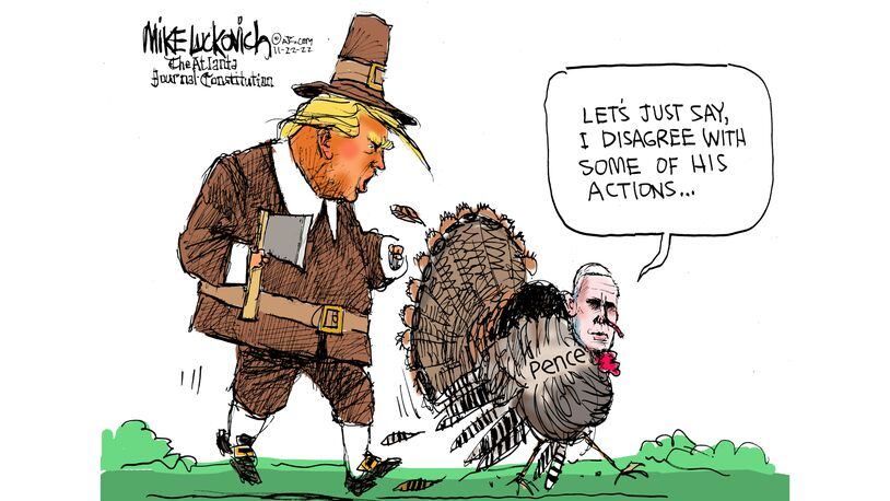 Donald Trump, carrying an ax, walks with a turkey labeled 