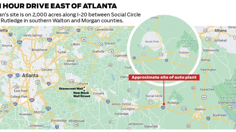 Location of Rivian's planned $5 billion electric vehicle factory east of Atlanta. The company’s site, about 2,000 acres along I-20 between the towns of Social Circle and Rutledge in southern Walton and Morgan counties, is about an hour’s drive from Atlanta and can pull from the metro area’s talent pool to fill its 7,500 planned jobs. Work on Rivian’s plant is slated to start this spring.