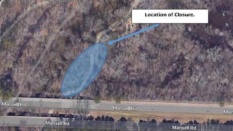 A 100-foot section of the Big Creek Greenway Boardwalk, north of the Mansell Road Overpass in Roswell, is closed for repairs. COURTESY CITY OF ROSWELL