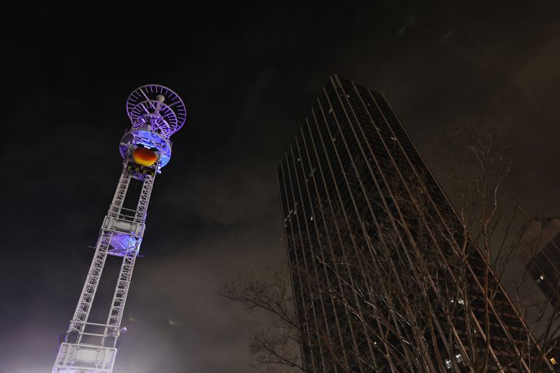 Views of Peach Tower at Underground Atlanta during the New Year’s Eve Peach Drop celebration on Saturday, December 31, 2022. (Natrice Miller/natrice.miller@ajc.com)  