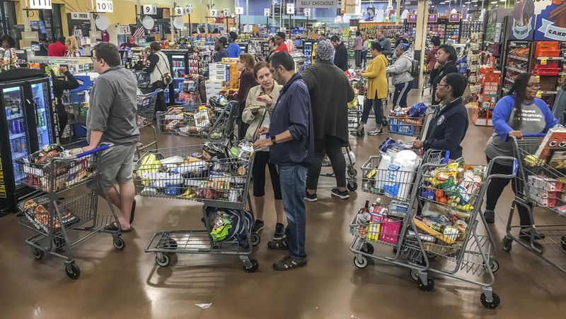March 13, 2020 Atlanta: Panic buying occurred at the Kroger Marketplace at Glenwood Avenue in Atlanta on Friday, March 13, 2020. The Coronavirus pandemic is affecting everyone across the State of Georgia and Metro Atlanta.  JOHN SPINK/JSPINK@AJC.COM