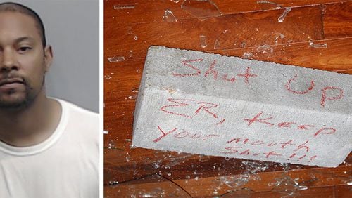 A police mug shot of former city of Atlanta employee Shandarrick Barnes, along with a brick with a threatening message that was thrown through a window of the home of “E.R.” Mitchell Jr. Barnes also is accused of leaving dead rats on Mitchell’s property.
