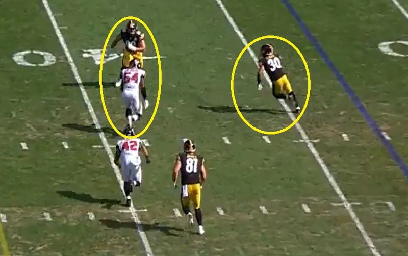 Pittsburgh running back James Conner should have been stopped for a short gain, but rookie linebacker Foye Olulokun gets blocked by tight end Vance McDonald.  Conner went on to pick up 29 yards on a simple check down pass.