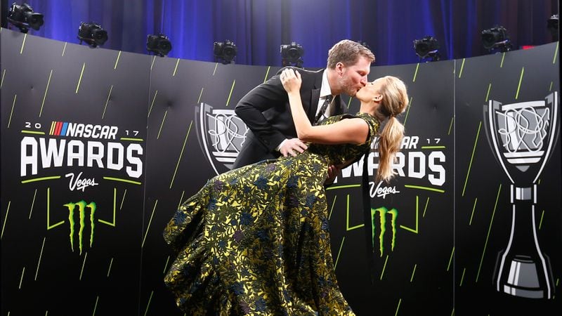 LAS VEGAS, NV - NOVEMBER 30:  Dale Earnhardt Jr. shares a moment with his wife Amy following the Monster Energy NASCAR Cup Series awards at Wynn Las Vegas on November 30, 2017 in Las Vegas, Nevada.  (Photo by Jonathan Ferrey/Getty Images)