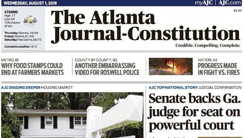FRONT PAGE FOR Wednesday, Aug. 1, 2018 -- The Atlanta Journal-Constitution